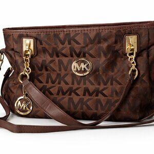 Michael Kors Brown Monogram Shoulder Bag – Gold Hardware – Classic MK Logo